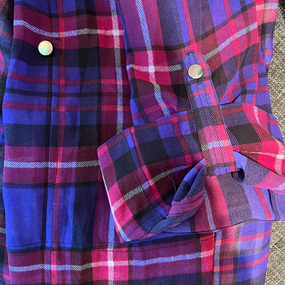 Adrianna Papell Plaid Drawstring Waist Dress Purple Blue Large 12 14 16 - Picture 8 of 14